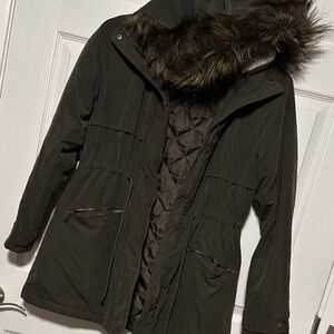 Primark Dark Green Utility Jacket with Faux Fur Hood